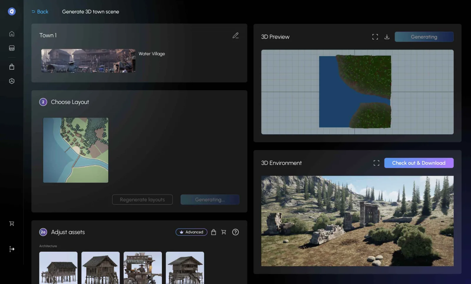 Cybever — AI 3D town scene generation interface